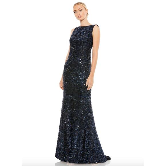 MAC DUGGAL Dress Size 2 Evening Gown Sequin Navy Blue Cowl Back NEW - Picture 1 of 8